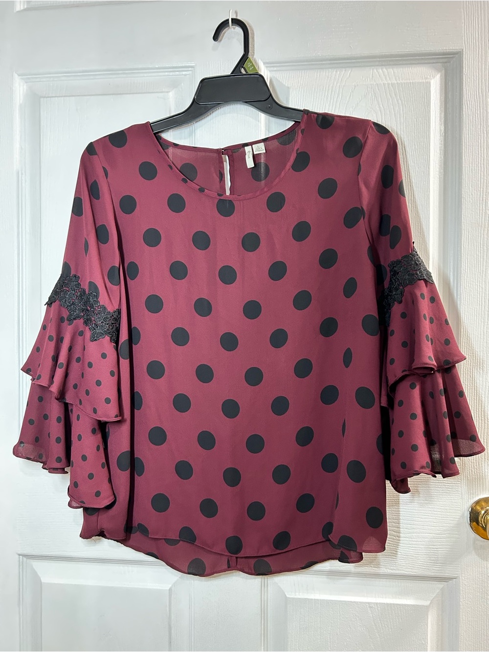 Burgundy Black Polka Dot Ruffle Bell Sleeve Lace Blouse Size L